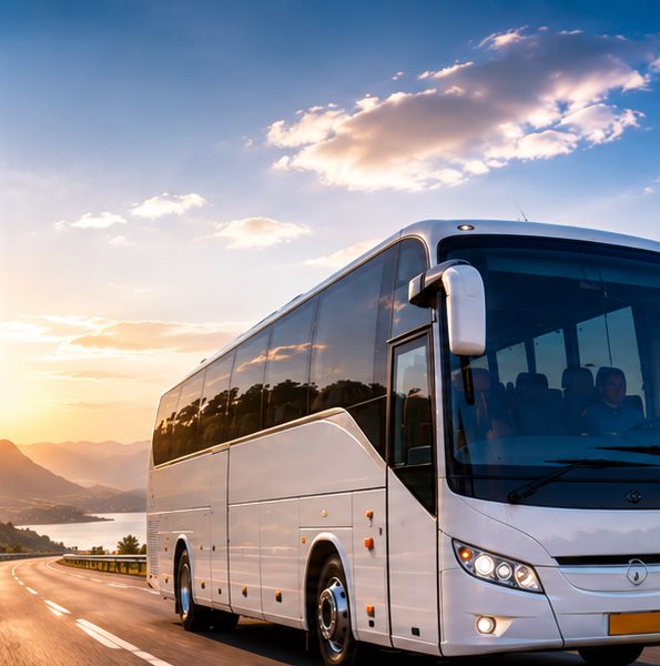 Coach on a highway at sunset
