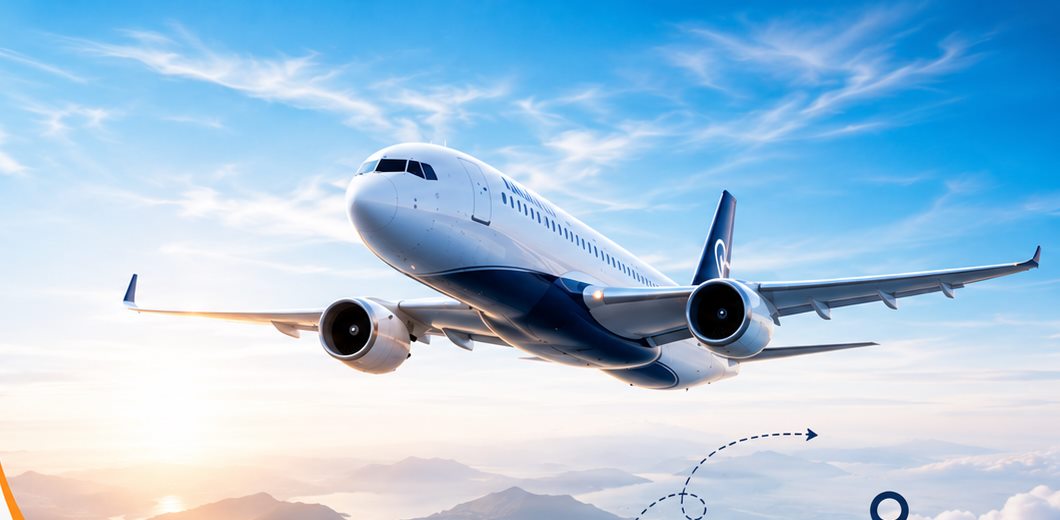 Aircraft climbing above the clouds at sunrise