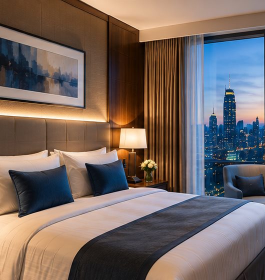 Hotel room with a city skyline at dusk